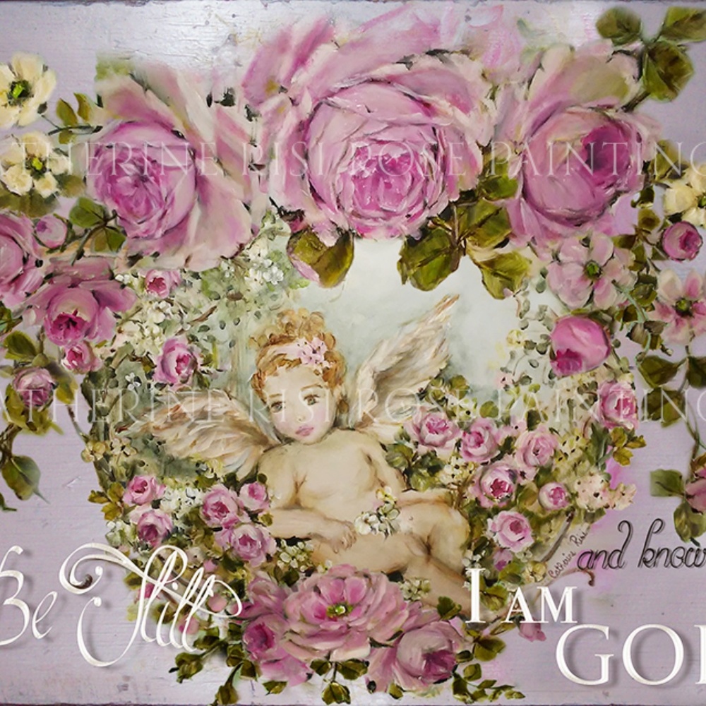 SHABBY CHIC CHERUB Garland Pink Roses Canvas Print